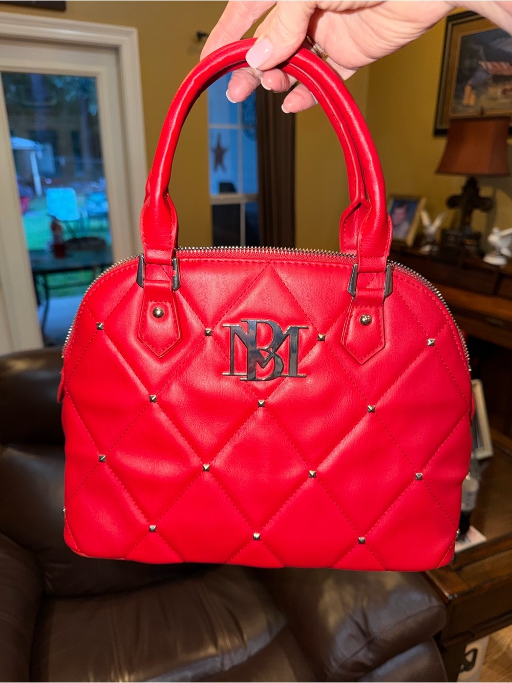 Badgley Mischka Quilted Red Dome Satchel with Stud Accents